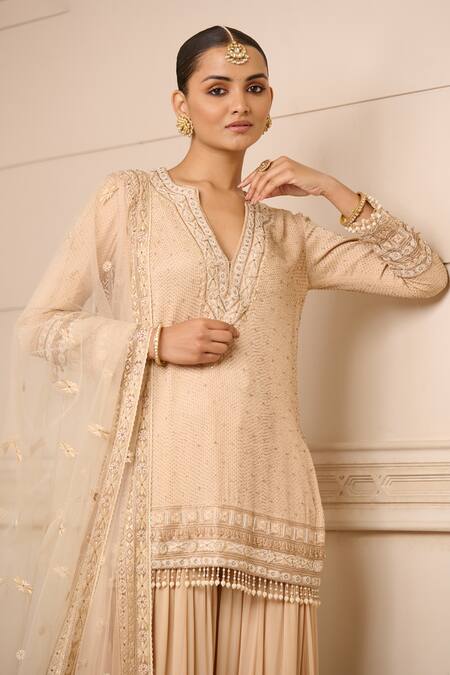 Tarun Tahiliani_Gold Georgette, Tulle Tassels, Embroidery Split V-neck Hand Kurta Sharara Set_Online_at_Aza_Fashions