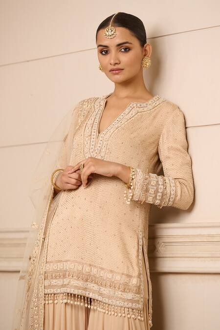 Buy_Tarun Tahiliani_Gold Georgette, Tulle Tassels, Embroidery Split V-neck Hand Kurta Sharara Set_Online_at_Aza_Fashions