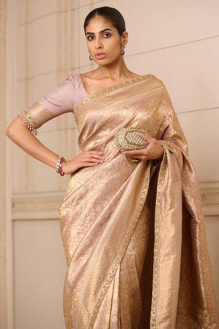 Shop Cream Striped Tussar Silk Saree Online in USA| Floral Saree Blouse –  Pure Elegance