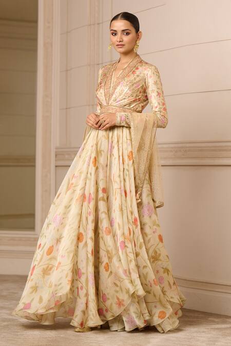 Buy_Tarun Tahiliani_Beige Satin, Organza, Net, Tulle, Chiffon Embroidery Garden Print Anarkali Set_Online_at_Aza_Fashions