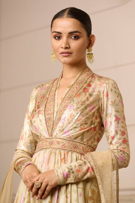 Shop_Tarun Tahiliani_Beige Satin, Organza, Net, Tulle, Chiffon Embroidery Garden Print Anarkali Set_Online_at_Aza_Fashions