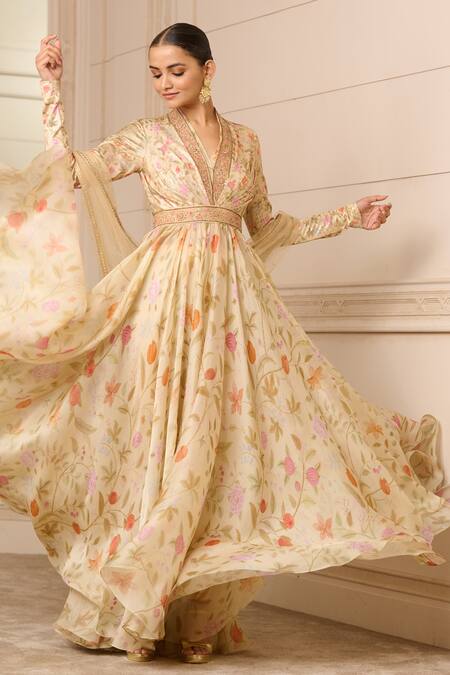 Tarun Tahiliani_Beige Satin, Organza, Net, Tulle, Chiffon Embroidery Garden Print Anarkali Set_at_Aza_Fashions