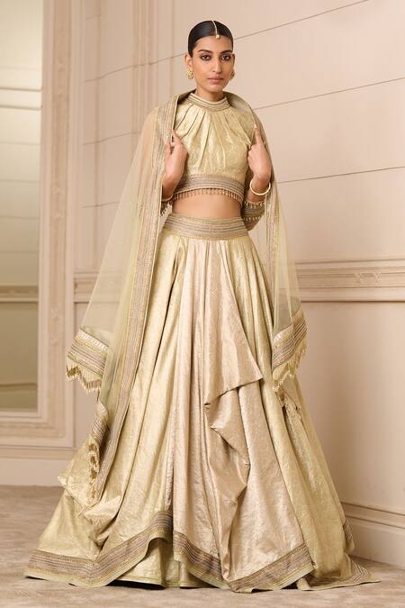 Buy_Tarun Tahiliani_Ivory Brocade Halter Draped Lehenga Set _Online_at_Aza_Fashions
