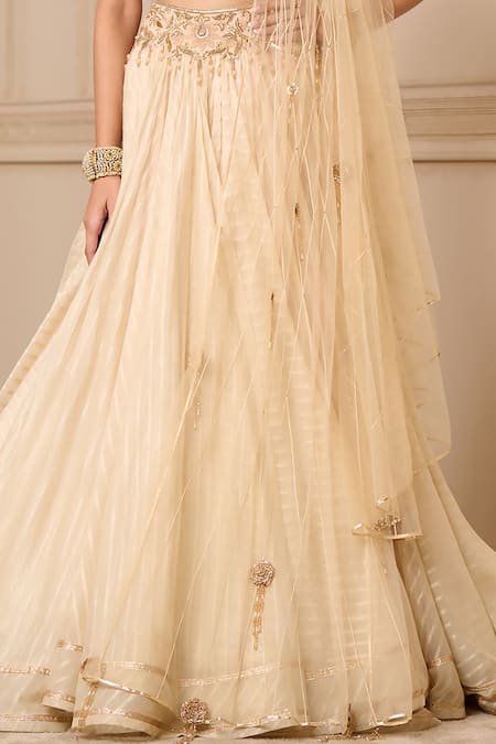 Tarun Tahiliani Gold Georgette, Tulle, Chanderi Sequins, Embroidery Zari Striped Lehenga Set at Aza Fashions Tarun Tahiliani_Gold Georgette, Tulle, Chanderi Sequins, Embroidery Zari Striped Lehenga Set_at_Aza_Fashions