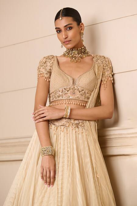 Shop Tarun Tahiliani Gold Georgette, Tulle, Chanderi Sequins, Embroidery Zari Striped Lehenga Set Online at Aza Fashions Shop_Tarun Tahiliani_Gold Georgette, Tulle, Chanderi Sequins, Embroidery Zari Striped Lehenga Set_Online_at_Aza_Fashions