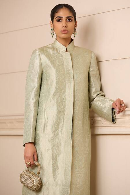 Buy_Tarun Tahiliani_Ivory Brocade Embroidery High Neck Jacket And Pant Set_Online_at_Aza_Fashions