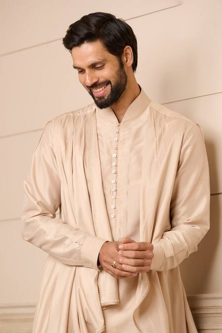 Shop Tarun Tahiliani Gold Spandex, Silk Pearls Asymmetric Layered Kurta Set Online at Aza Fashions Shop_Tarun Tahiliani_Gold Spandex, Silk Pearls Asymmetric Layered Kurta Set_Online_at_Aza_Fashions