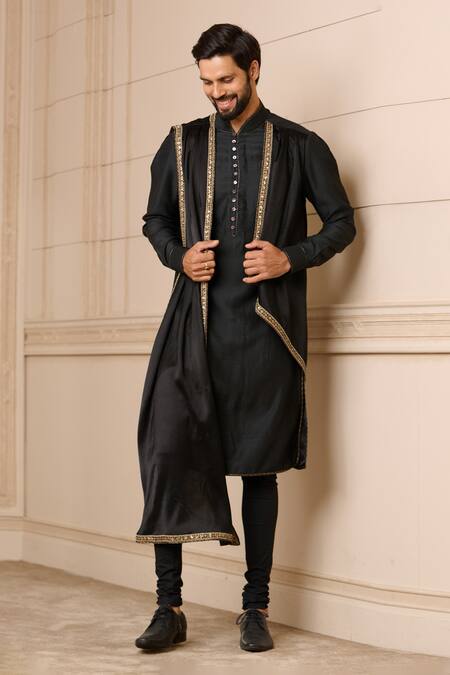 Tarun Tahiliani_Black Modal, Chiffon, Cotton Embroidery Draped Kurta Set_Online_at_Aza_Fashions