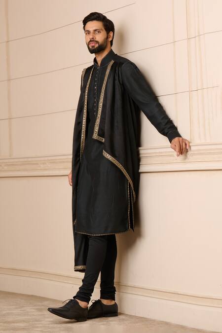 Buy_Tarun Tahiliani_Black Modal, Chiffon, Cotton Embroidery Draped Kurta Set_Online_at_Aza_Fashions