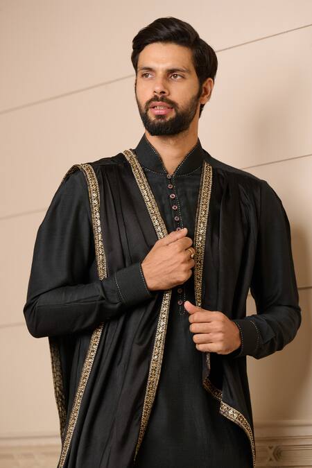 Shop_Tarun Tahiliani_Black Modal, Chiffon, Cotton Embroidery Draped Kurta Set_Online_at_Aza_Fashions