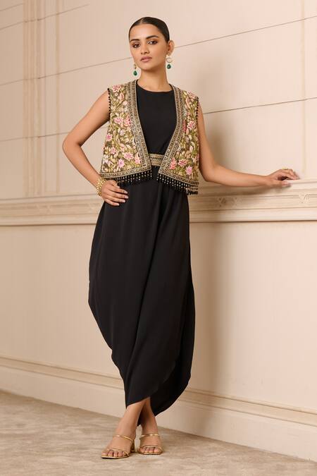 Buy_Tarun Tahiliani_Black Georgette, Tulle Embroidery, Beads Round Neck Dhoti Gown And Gilet Set_Online_at_Aza_Fashions