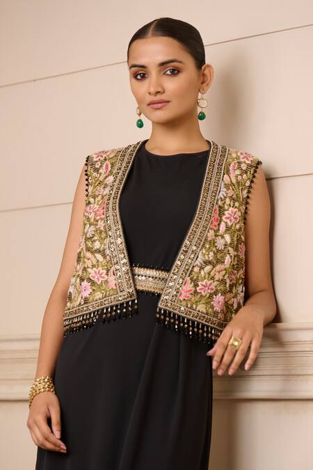 Tarun Tahiliani_Black Georgette, Tulle Embroidery, Beads Round Neck Dhoti Gown And Gilet Set_at_Aza_Fashions