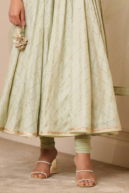 Shop_Tarun Tahiliani_Green Tussar, Net, Tulle Tassels, Embroidery V-neck Mukaish Anarkali Set_Online_at_Aza_Fashions