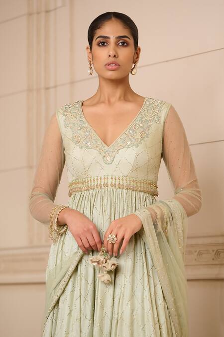 Tarun Tahiliani_Green Tussar, Net, Tulle Tassels, Embroidery V-neck Mukaish Anarkali Set_Online_at_Aza_Fashions
