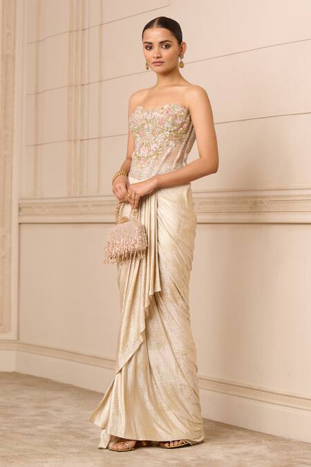 Buy_Tarun Tahiliani_Ivory Tulle, Jersey Embroidery Sweetheart Floral Corset Skirt Set With Cape_Online_at_Aza_Fashions
