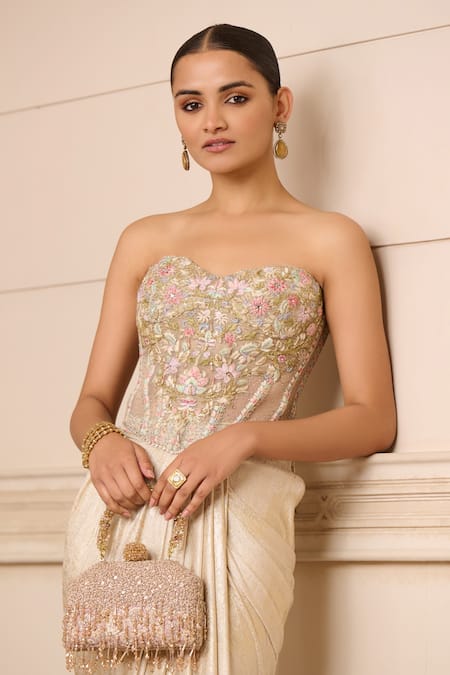 Shop_Tarun Tahiliani_Ivory Tulle, Jersey Embroidery Sweetheart Floral Corset Skirt Set With Cape_Online_at_Aza_Fashions