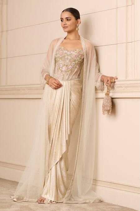 Buy_Tarun Tahiliani_Ivory Tulle, Jersey Embroidery Sweetheart Floral Corset Skirt Set With Cape