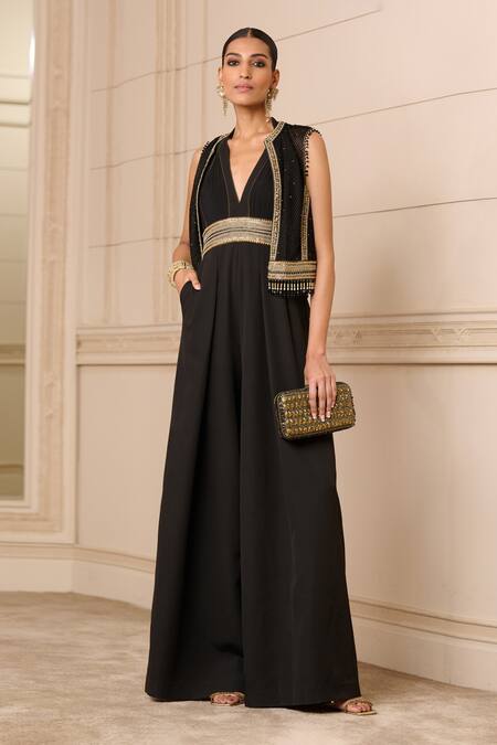 Shop_Tarun Tahiliani_Black Crepe Embroidery, Tassels V-neck Halter Jumpsuit With Textured Gilet_Online_at_Aza_Fashions