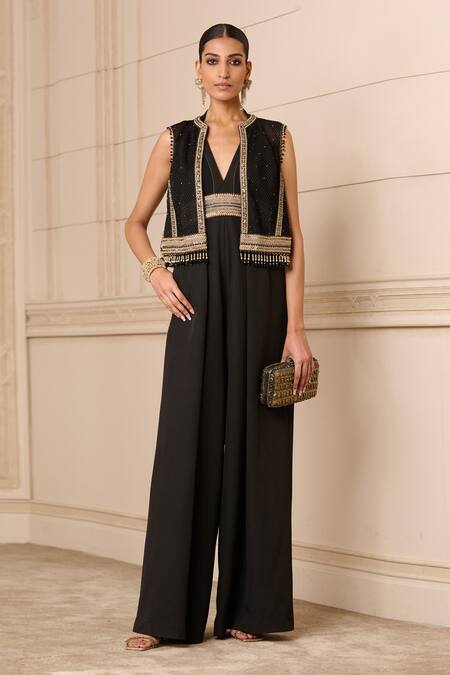 Tarun Tahiliani_Black Crepe Embroidery, Tassels V-neck Halter Jumpsuit With Textured Gilet_at_Aza_Fashions