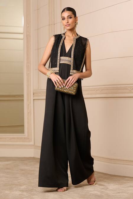 Buy_Tarun Tahiliani_Black Crepe Embroidery, Tassels V-neck Halter Jumpsuit With Textured Gilet