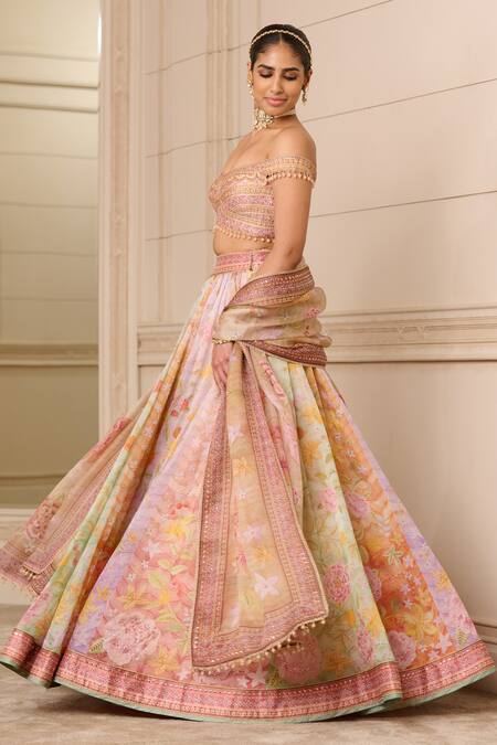 Tarun Tahiliani Multi Color Faux Leather, Organza Embroidery Botanical Print Skirt Set Online at Aza Fashions Tarun Tahiliani_Multi Color Faux Leather, Organza Embroidery Botanical Print Skirt Set_Online_at_Aza_Fashions