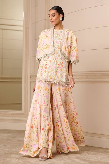Tarun Tahiliani_Pink Modal, Georgette Embroidery, Fringe Round Floral Print Kurta Set With Cape_Online_at_Aza_Fashions