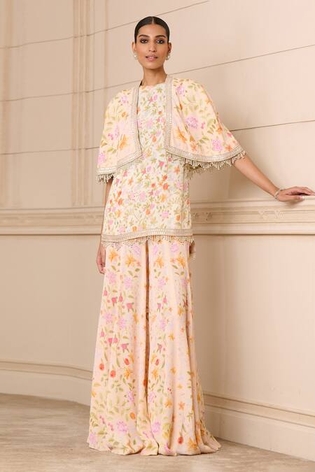 Buy_Tarun Tahiliani_Pink Modal, Georgette Embroidery, Fringe Round Floral Print Kurta Set With Cape_Online_at_Aza_Fashions