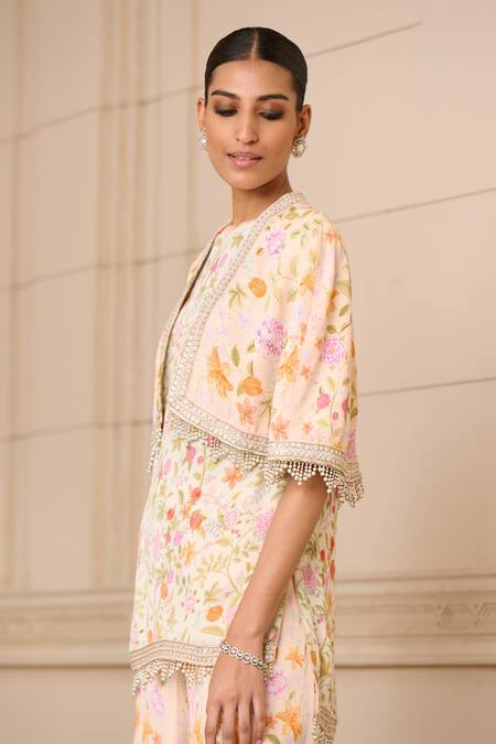 Shop_Tarun Tahiliani_Pink Modal, Georgette Embroidery, Fringe Round Floral Print Kurta Set With Cape_Online_at_Aza_Fashions