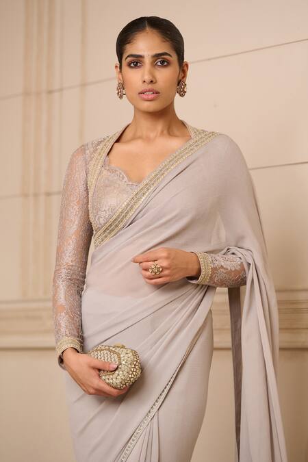 Buy_Tarun Tahiliani_Grey Lace, Silk, Chiffon Lace, Tassels Scoop Neck Saree With Work Blouse_Online_at_Aza_Fashions