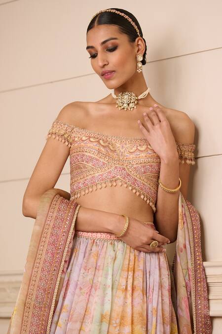 Tarun Tahiliani Multi Color Faux Leather, Organza Embroidery Botanical Print Skirt Set at Aza Fashions Tarun Tahiliani_Multi Color Faux Leather, Organza Embroidery Botanical Print Skirt Set_at_Aza_Fashions