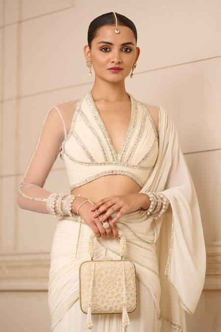Shop Tarun Tahiliani Ivory Silk, Chiffon Embroidery Concept Pre-draped Saree With Fluted Blouse Online at Aza Fashions Shop_Tarun Tahiliani_Ivory Silk, Chiffon Embroidery Concept Pre-draped Saree With Fluted Blouse_Online_at_Aza_Fashions