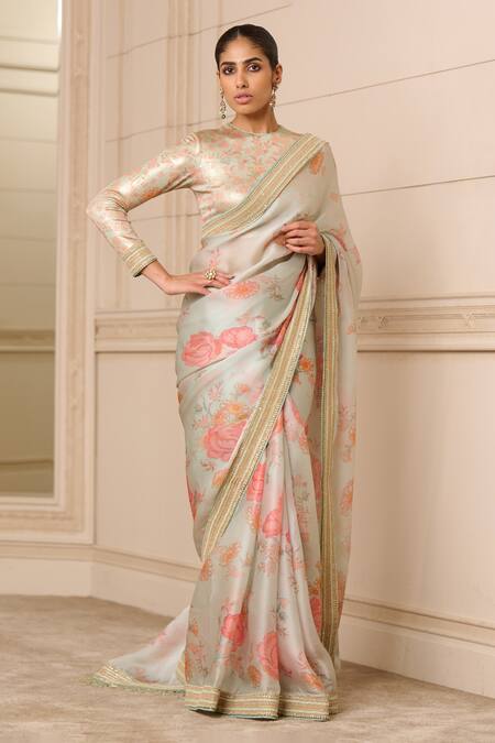 Shop_Tarun Tahiliani_Green Satin, Organza, Jersey Tassels, Embroidery Floral Print Saree With Blouse_Online_at_Aza_Fashions