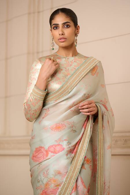 Tarun Tahiliani_Green Satin, Organza, Jersey Tassels, Embroidery Floral Print Saree With Blouse_at_Aza_Fashions