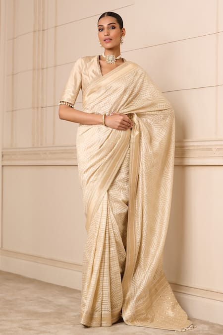 Buy_Tarun Tahiliani_Gold Chanderi, Brocade Tassels, Zari Saree With Unstitched Blouse Piece_Online_at_Aza_Fashions