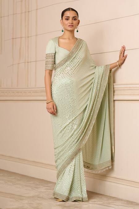 Tarun Tahiliani_Green Georgette, Chanderi Mirrors Mukaish Embroidered Saree With Blouse_Online_at_Aza_Fashions