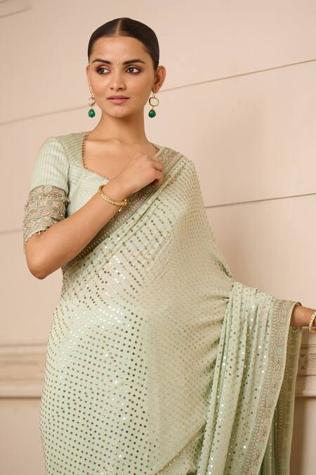 Buy_Tarun Tahiliani_Green Georgette, Chanderi Mirrors Mukaish Embroidered Saree With Blouse_Online_at_Aza_Fashions