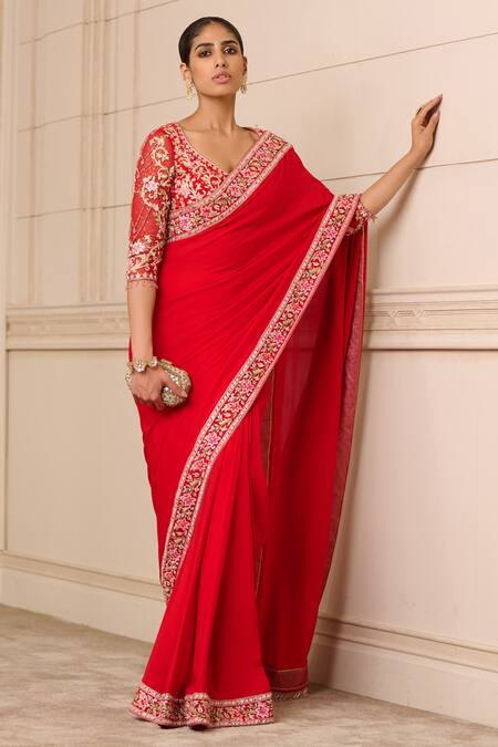 Tarun Tahiliani_Red Denim, Silk, Georgette Embroidery Scoop Floral Border Saree With Blouse_Online_at_Aza_Fashions