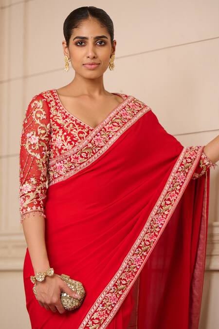 Buy_Tarun Tahiliani_Red Denim, Silk, Georgette Embroidery Scoop Floral Border Saree With Blouse_Online_at_Aza_Fashions