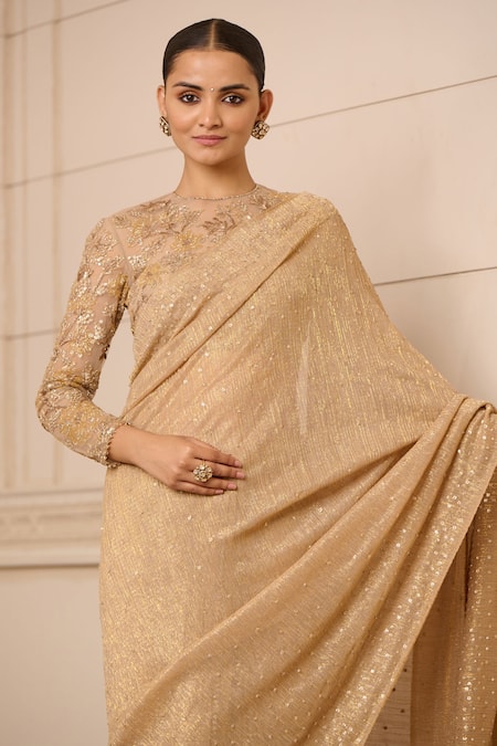 Buy_Tarun Tahiliani_Gold Crepe Sequins Round Neck Crinkle Net Embroidered Saree With Blouse_Online_at_Aza_Fashions