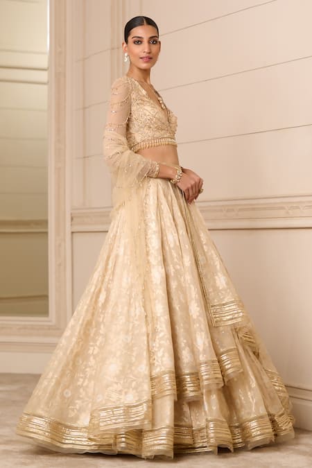 Tarun Tahiliani_Gold Georgette, Chanderi, Tulle Crystals, Gota Patti, Floral Pattern Lehenga Set_Online_at_Aza_Fashions