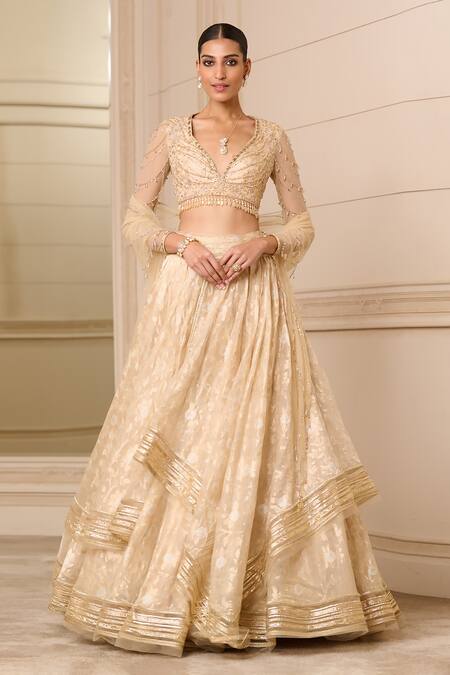 Buy_Tarun Tahiliani_Gold Georgette, Chanderi, Tulle Crystals, Gota Patti, Floral Pattern Lehenga Set_Online_at_Aza_Fashions