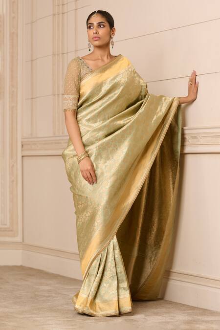 Tarun Tahiliani_Green Brocade Embroidery Handwoven Saree With Unstitched Blouse Fabric_Online_at_Aza_Fashions