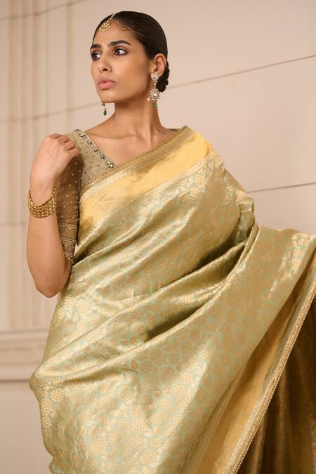 Buy_Tarun Tahiliani_Green Brocade Embroidery Handwoven Saree With Unstitched Blouse Fabric_Online_at_Aza_Fashions