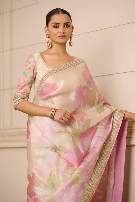 Tarun Tahiliani_Ivory Satin, Tulle Pearls, Embroidery Floral Print Saree With Textured Blouse_Online_at_Aza_Fashions