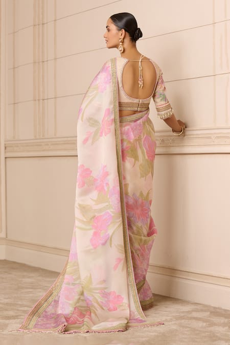 Buy_Tarun Tahiliani_Ivory Satin, Tulle Pearls, Embroidery Floral Print Saree With Textured Blouse_Online_at_Aza_Fashions