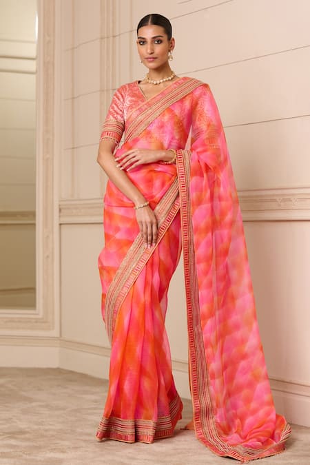 Tarun Tahiliani_Pink Organza, Brocade Embroidery, Beads Abstract Print Saree _Online_at_Aza_Fashions