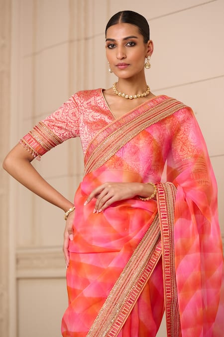Buy_Tarun Tahiliani_Pink Organza, Brocade Embroidery, Beads Abstract Print Saree _Online_at_Aza_Fashions