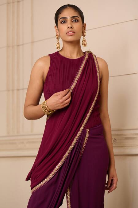 Tarun Tahiliani Purple Georgette Embroidery Concept Dhoti Jumpsuit Fluted Saree Online at Aza Fashions Tarun Tahiliani_Purple Georgette Embroidery Concept Dhoti Jumpsuit Fluted Saree_Online_at_Aza_Fashions