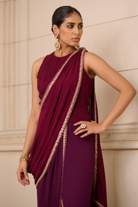 Buy Tarun Tahiliani Purple Georgette Embroidery Concept Dhoti Jumpsuit Fluted Saree Online at Aza Fashions Buy_Tarun Tahiliani_Purple Georgette Embroidery Concept Dhoti Jumpsuit Fluted Saree_Online_at_Aza_Fashions