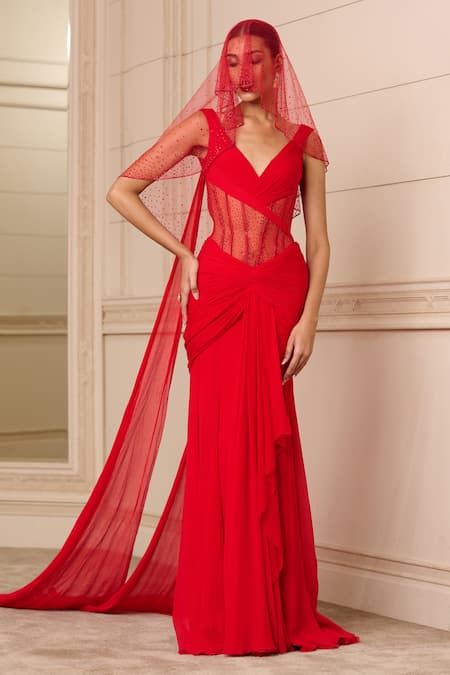 Tarun Tahiliani Red Silk, Chiffon Crystals V-neck Work Draped Corset Gown Online at Aza Fashions Tarun Tahiliani_Red Silk, Chiffon Crystals V-neck Work Draped Corset Gown_Online_at_Aza_Fashions